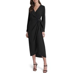 NEW DKNY Black Long Sleeve Surplice Neck Faux Wrap Midi Dress Size 14W